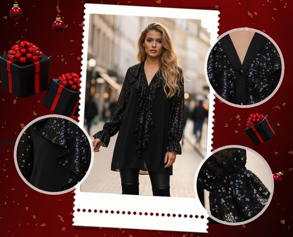 🎅 Festliche Vorratssale💥💃Langärmliges Chiffon-Shirt mit V-Ausschnitt und Pailletten für Damen🎁