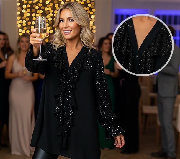 🎅 Festliche Vorratssale💥💃Langärmliges Chiffon-Shirt mit V-Ausschnitt und Pailletten für Damen🎁