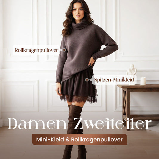 Damen zweiteiliges Set: Pulloverkleid mit Rollkragen und Unterkleid