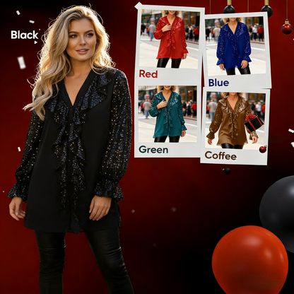 🎅 Festliche Vorratssale💥💃Langärmliges Chiffon-Shirt mit V-Ausschnitt und Pailletten für Damen🎁