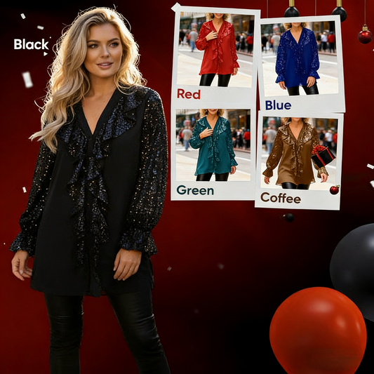 🎅 Festliche Vorratssale💥💃Langärmliges Chiffon-Shirt mit V-Ausschnitt und Pailletten für Damen🎁