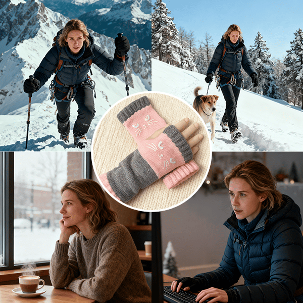 🔥Warm und kuschelig🧤Damen-Strickhandschuhe ohne Finger mit süßem Katzenmuster🐱