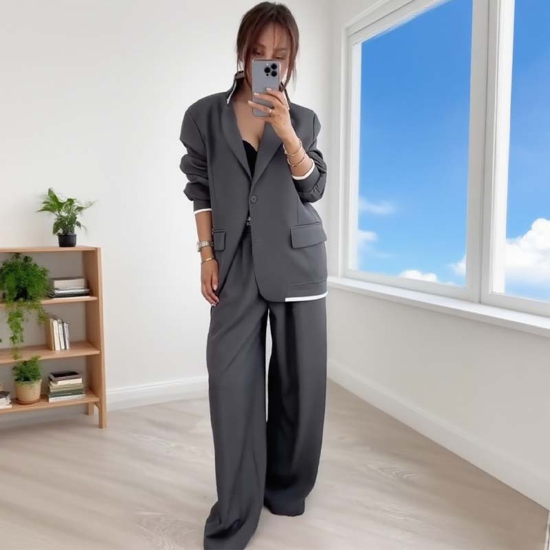 Damen-Zweiteiler: Blazer mit langen Ärmeln & Hose mit weitem Bein