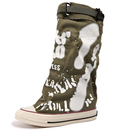 💗LETZTER TAG AKTION - 76% RABATT💗Flache Retro-Stiefel aus Canvas mit mittlerem Schaft für Damen