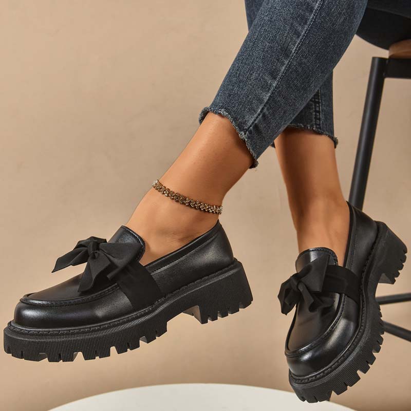 Stylish, cute platform loafers with a bow