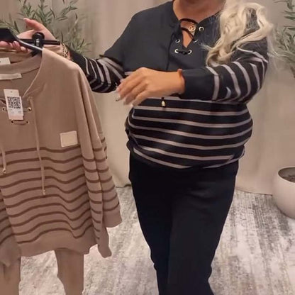 Casual striped top &amp; ankle-length trousers set