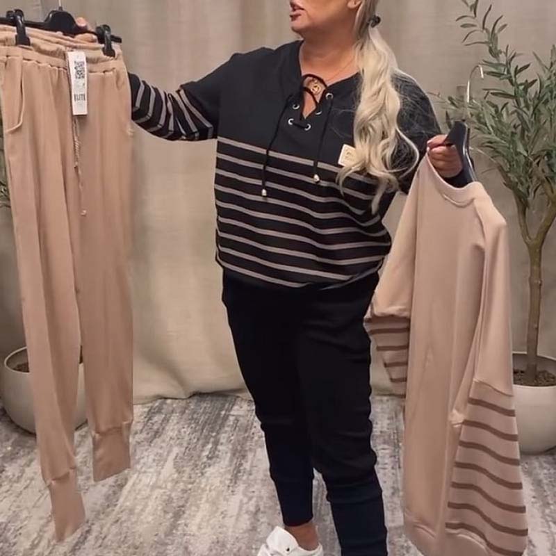 Casual striped top &amp; ankle-length trousers set