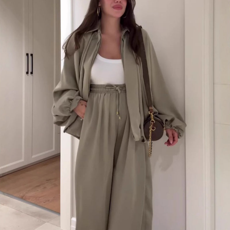 Damen lockeres Set: Jacke mit Reißverschluss & Weitbeinhose