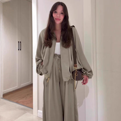 Damen lockeres Set: Jacke mit Reißverschluss & Weitbeinhose