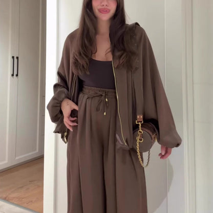 Damen lockeres Set: Jacke mit Reißverschluss & Weitbeinhose