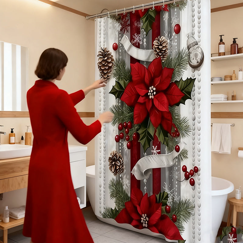 🎄Noel'de %50 İndirim 🎉Noel Kırmızı Baskılı Tatil Duş Perdesi