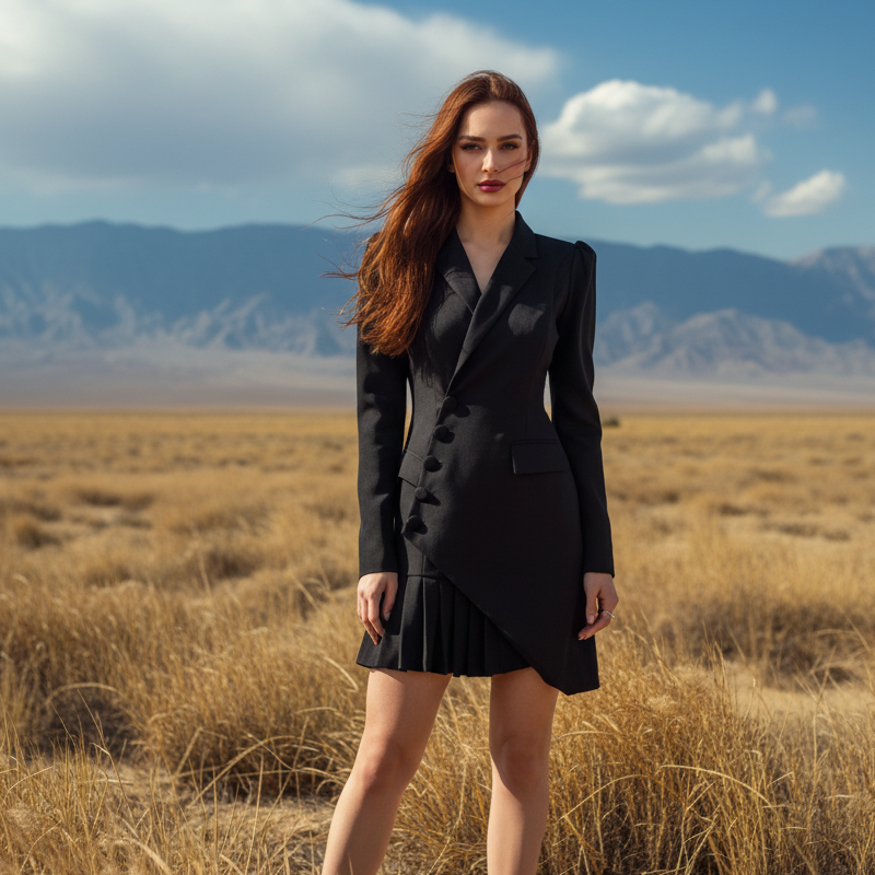 🖤Black Friday 50 % Rabatt 💥Mini-Blazerkleid mit Knopfleiste und Falten