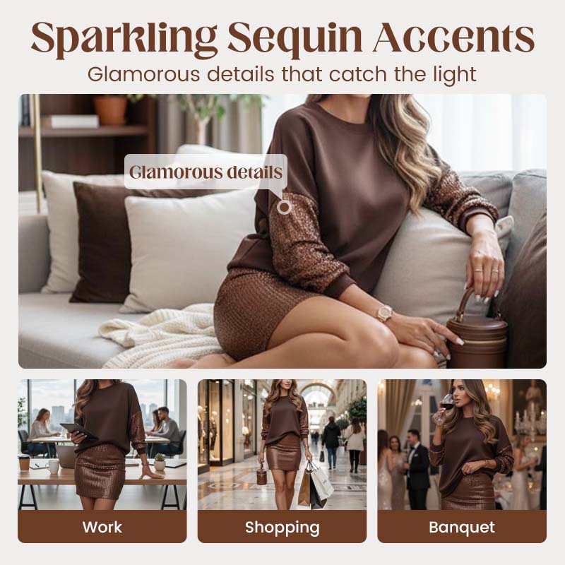 🎅Weihnachtsangebote🔥 Paillettenärmel- und Rock-Set für Damen, 2-teilig