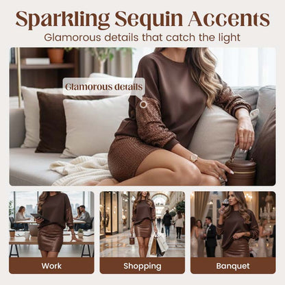 🎅Weihnachtsangebote🔥 Paillettenärmel- und Rock-Set für Damen, 2-teilig